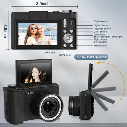 4K Digital Camera for Photography, Y2K Foldable Screen Portable Vlogging Camera with 32GB SD Card, Wrist Strap, Self Timer, Anti-Shake, 16X Digital Zoom, Ideal Gift for Girls, Boys Teenagers, and Beginners, Birthday Christmas Valentine'S Day Gift