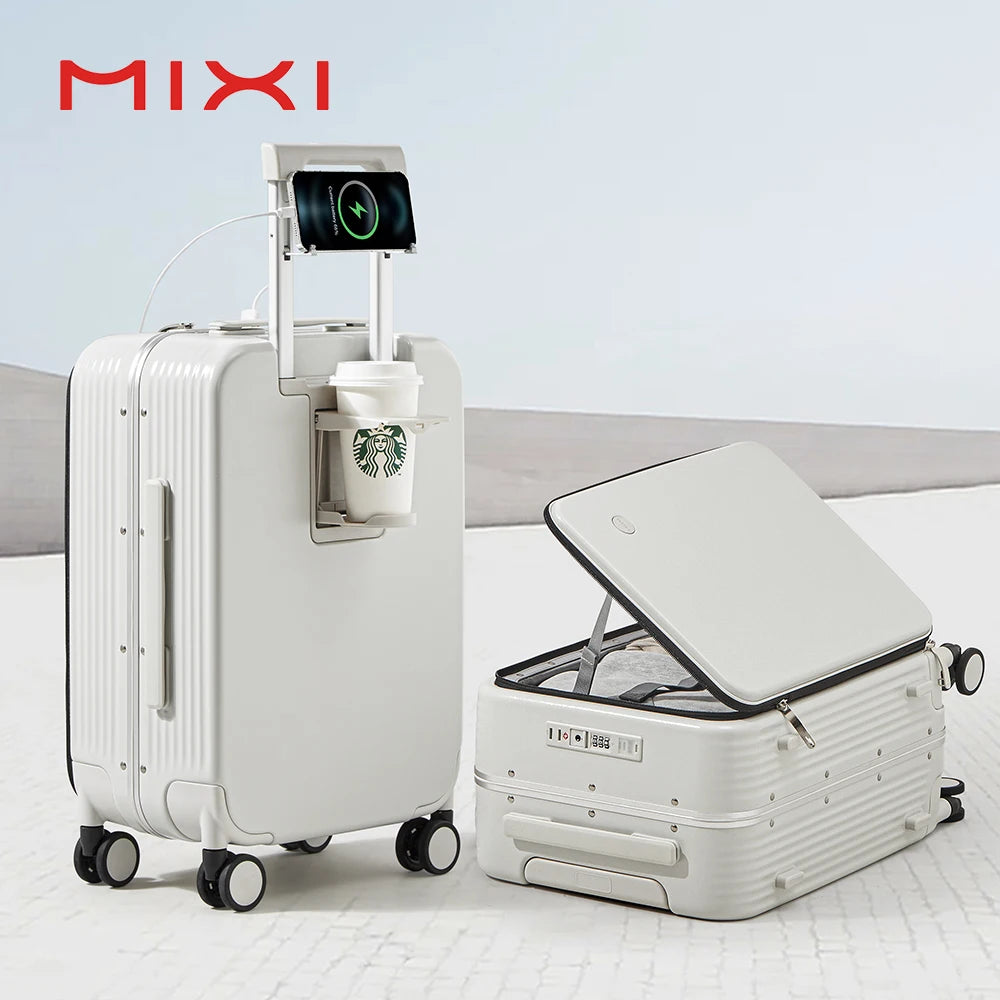 Mixi New Aluminum Frame Suitcase Carry on Rolling Luggage with USB Port Boarding Cabin Cup and Phone Holder 20 24 Inch