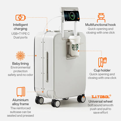Mixi New Aluminum Frame Suitcase Carry on Rolling Luggage with USB Port Boarding Cabin Cup and Phone Holder 20 24 Inch